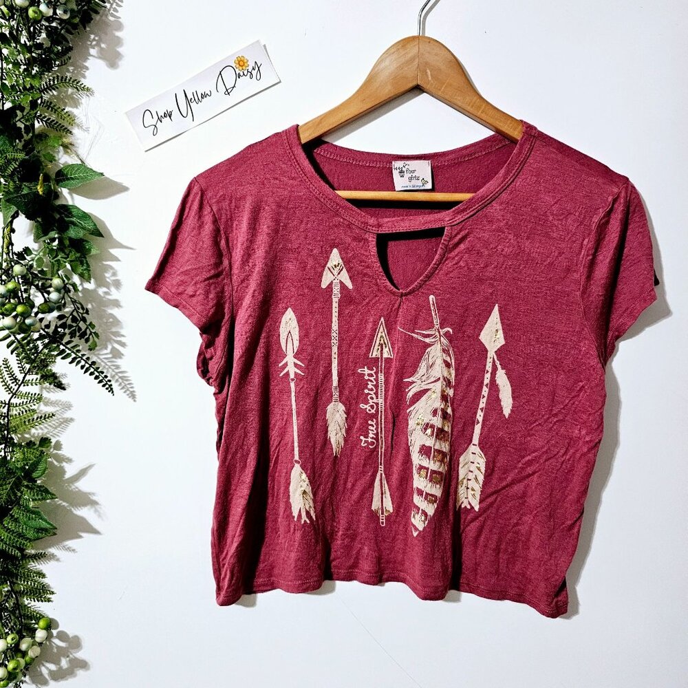 Four Girlz Burgundy Graphic Crop Top Arrow Feather Free Spirit Boho Tee Festival